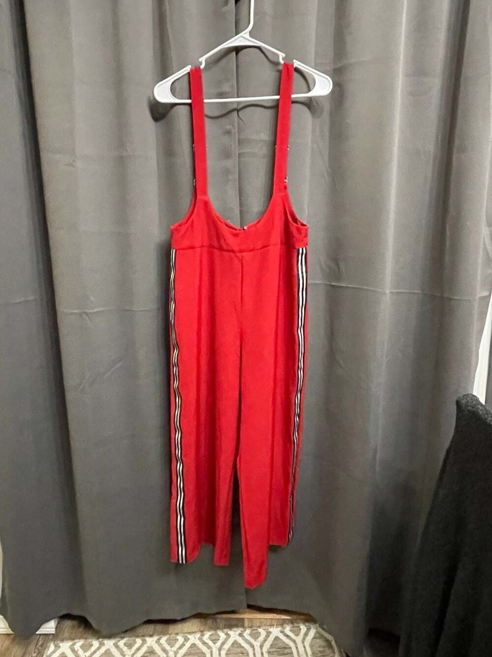 NWT Shinestar Red Suspender Jumpsuit w Side Striped Wide Leg Style SD7200 Size L